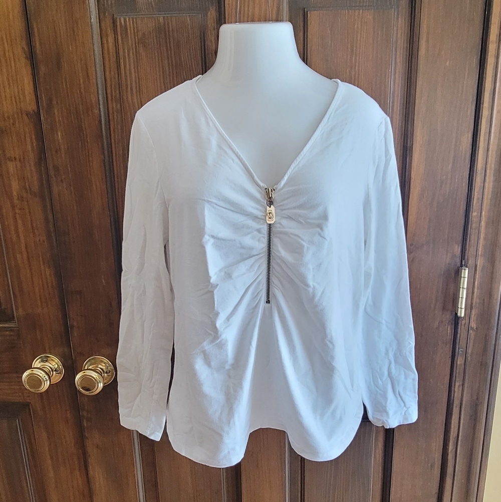 Michael Kors White V-Neck Long-Sleeve Top with Front Zip P2P 21 L 24.5